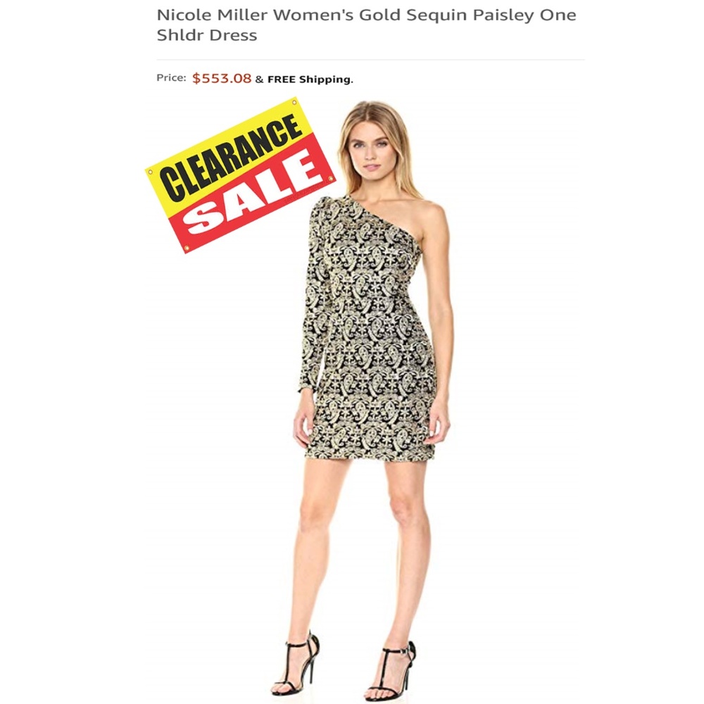 Nicole Miller Gold Sequin Paisley One Shldr Dress